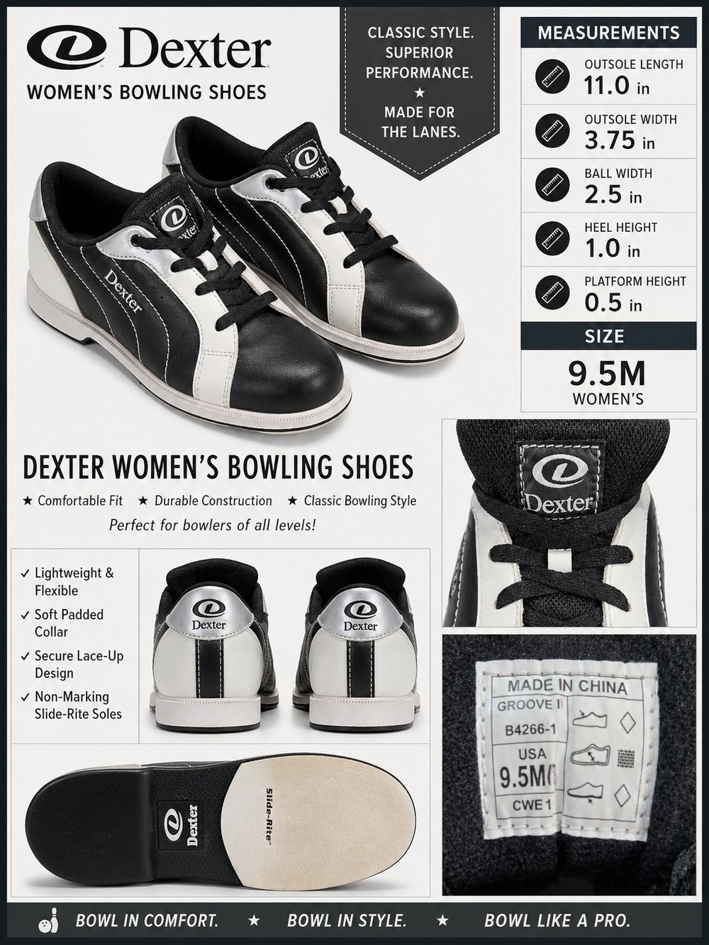 Dexter Groove I Women's Bowling Shoes | Black & White | Size 9.5M | Slide-Rite